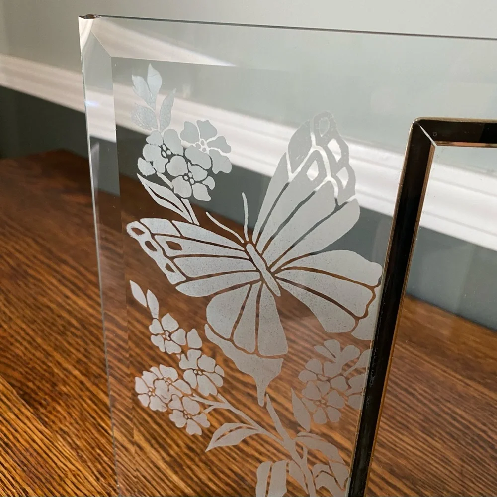 Vintage 1980s Curved Glass Photo Frame Etched Frosted Design Butterflies Flowers